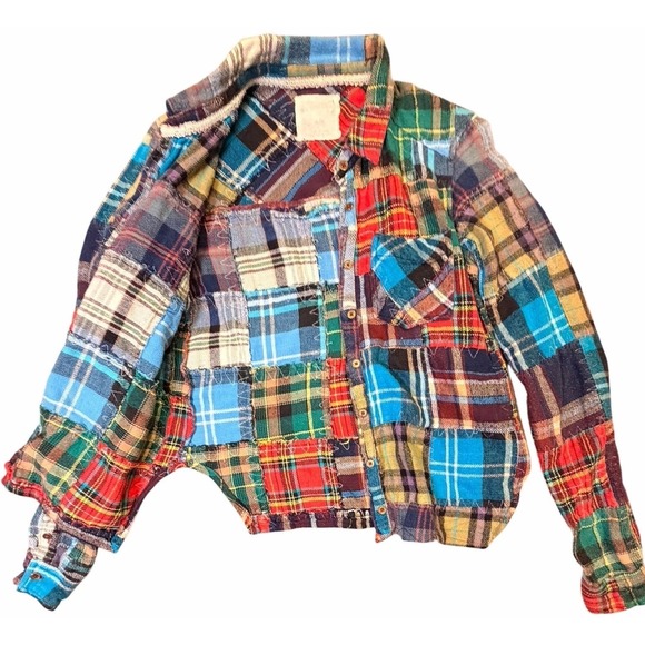 We The Free Lost In Plaid Cropped Patchwork Flannel Shirt Women M Rare Boho - Picture 4 of 13